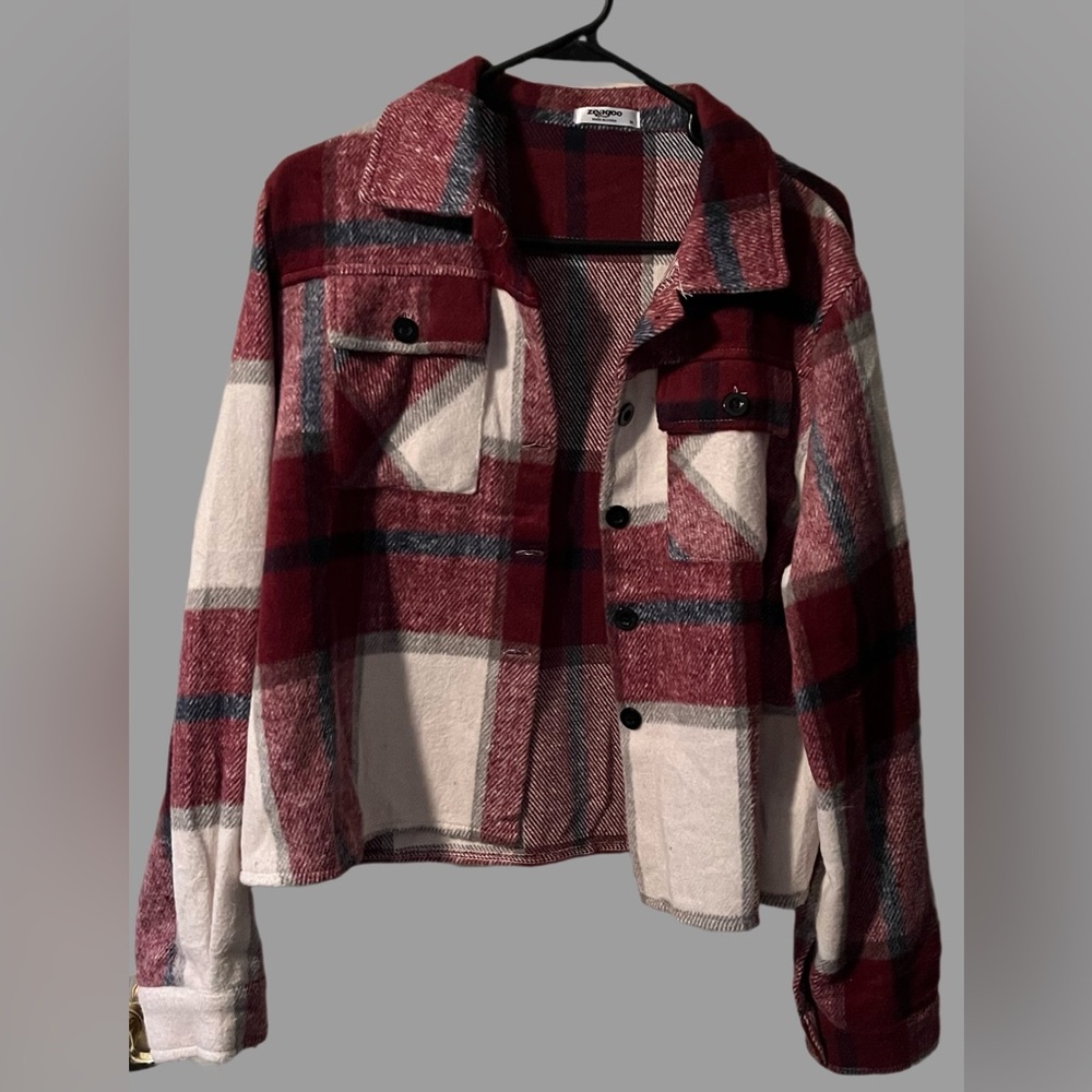 Plaid Red and Cream Button-Up Jacket. - Picture 1 of 6